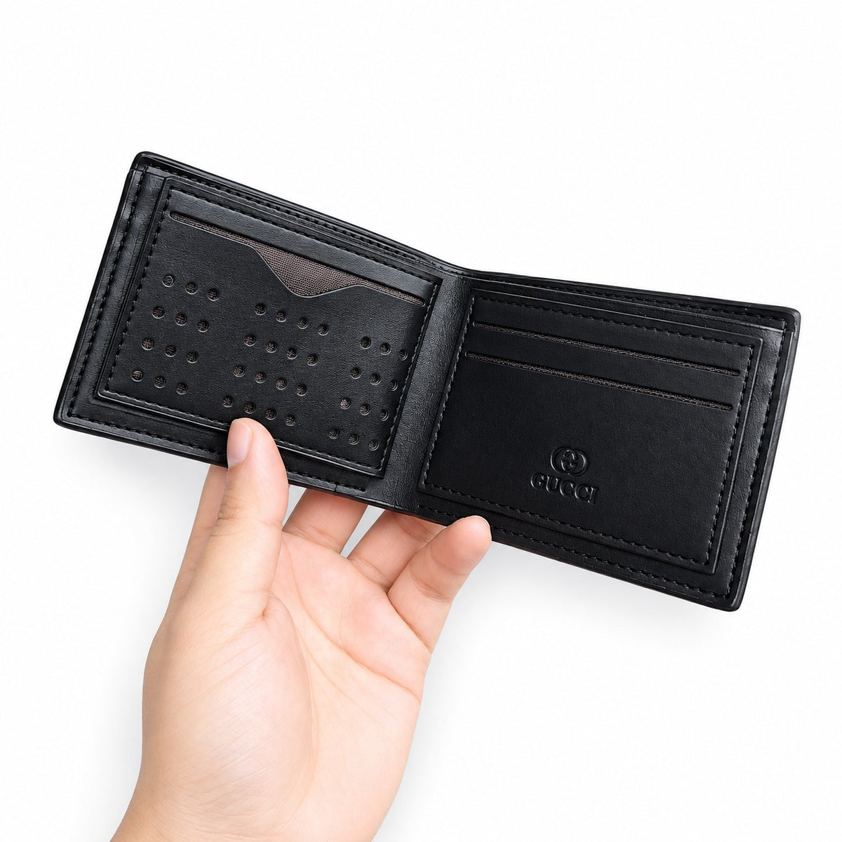 Gucci Style Men's Black Embossed Leather Bifold Wallet