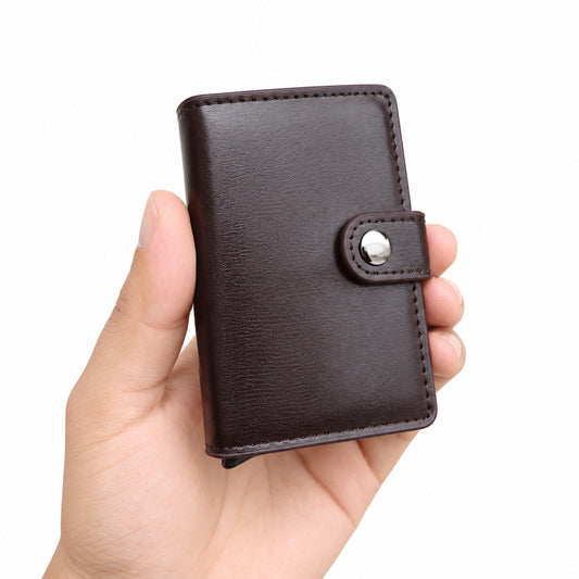 Leather Pop-Up Card Holder Wallet RFID Blocking with Button Closure
