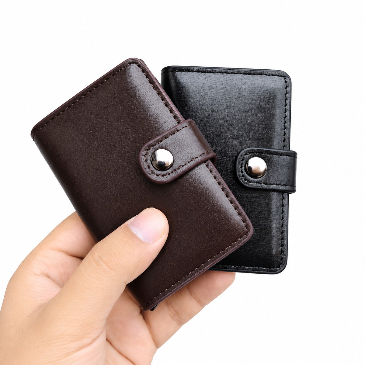 Leather Pop-Up Card Holder Wallet RFID Blocking with Button Closure