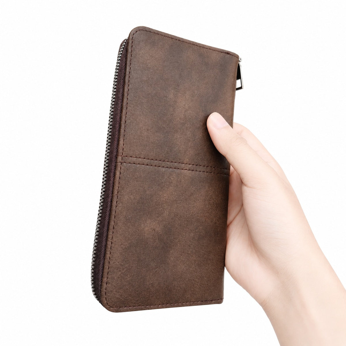 Men's Long Vintage Leather Zipper Wallet Clutch with Button Strap