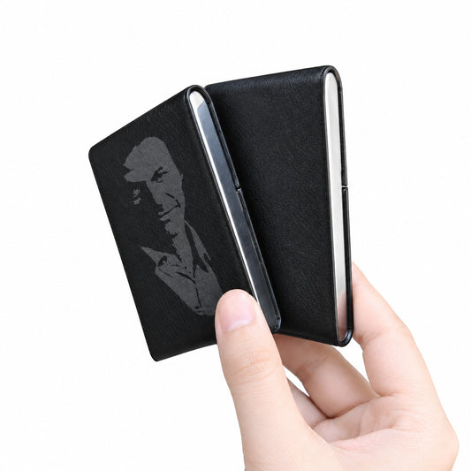 Close-up view of the Imran Khan custom laser-engraved portrait on the back panel of the black leather card holder.