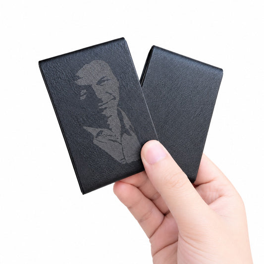 2-pack set of black leather business card holders showing one Imran Khan laser-engraved edition alongside one plain minimalist edition.
