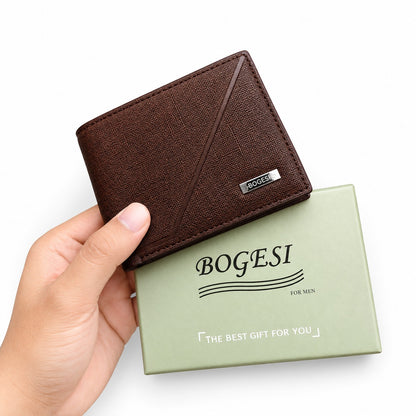 Bogesi Men's Classic Textured Leather Bifold Wallet with Gift Box