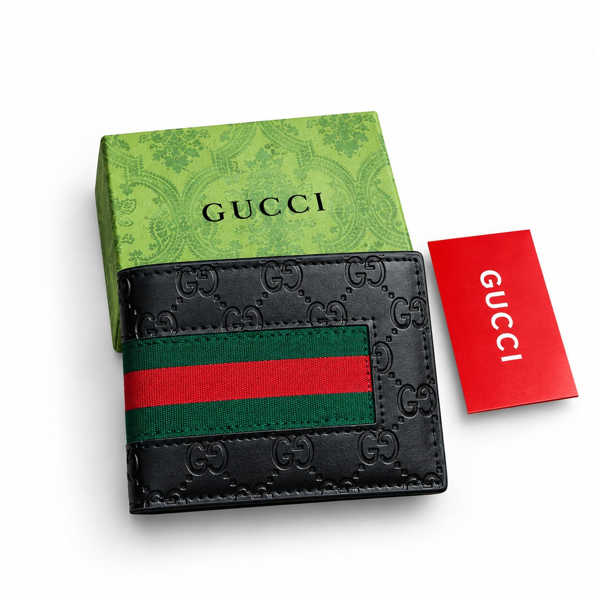 Gucci Style Men's Black Embossed Leather Bifold Wallet