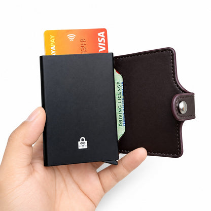 Leather Pop-Up Card Holder Wallet RFID Blocking with Button Closure