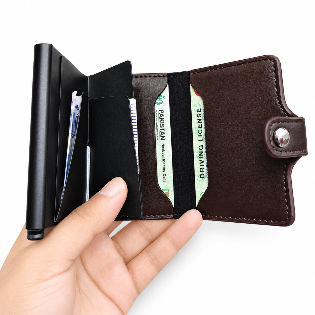 Leather Pop-Up Card Holder Wallet RFID Blocking with Button Closure