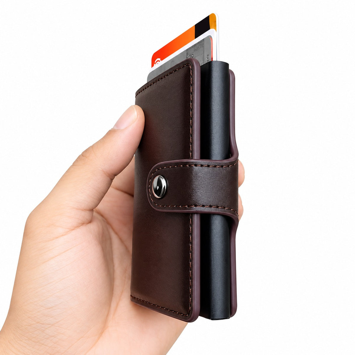 Leather Pop-Up Card Holder Wallet RFID Blocking with Button Closure