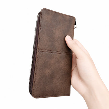 Men's Long Vintage Leather Zipper Wallet Clutch with Button Strap