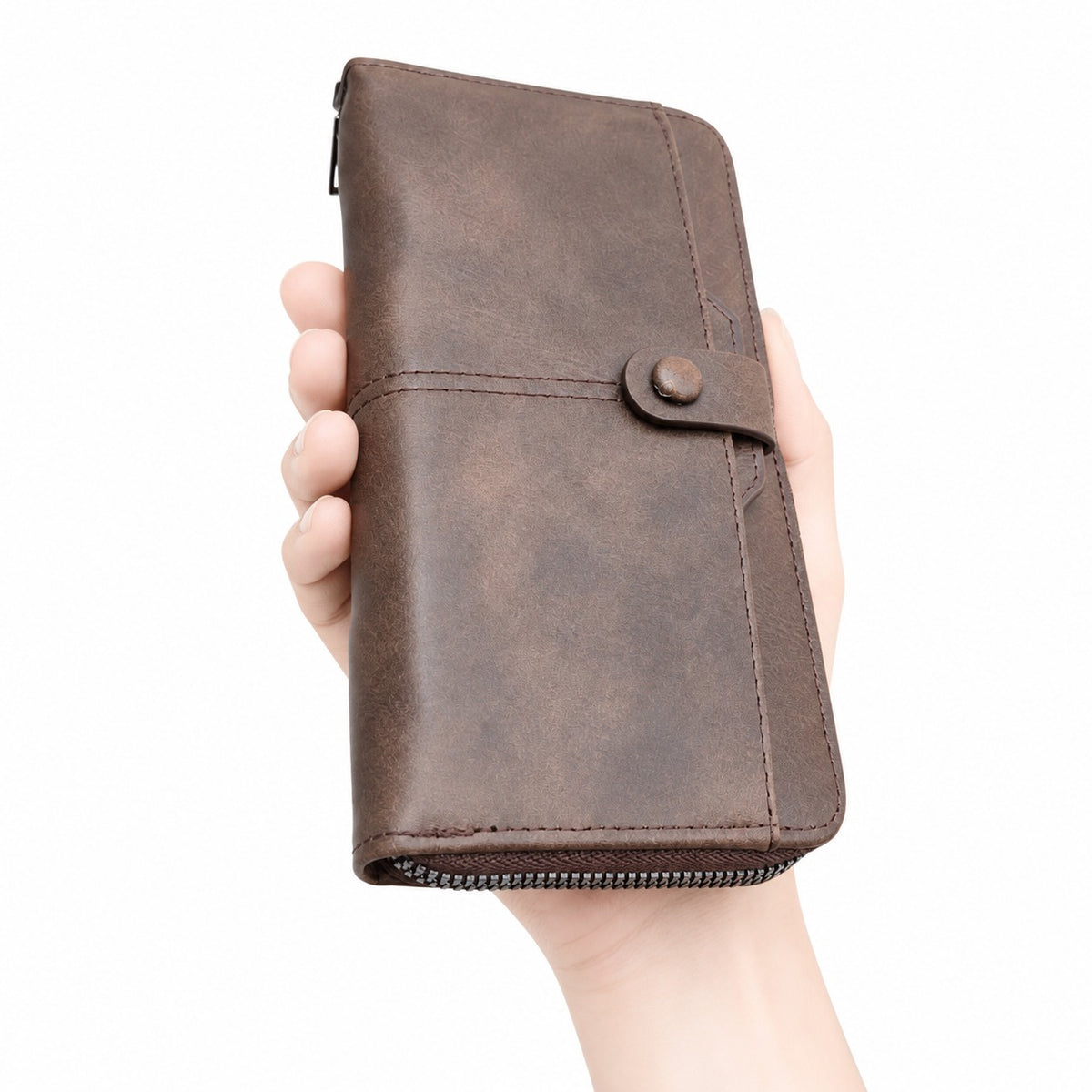 Men's Long Vintage Leather Zipper Wallet Clutch with Button Strap