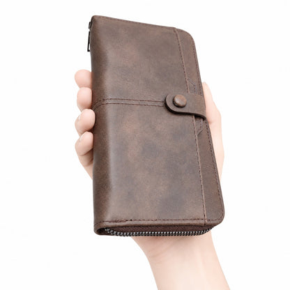 Men's Long Vintage Leather Zipper Wallet Clutch with Button Strap