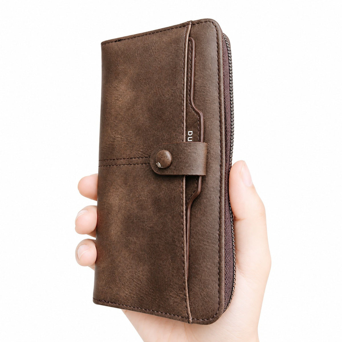 Men's Long Vintage Leather Zipper Wallet Clutch with Button Strap