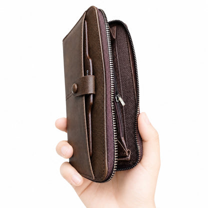 Men's Long Vintage Leather Zipper Wallet Clutch with Button Strap