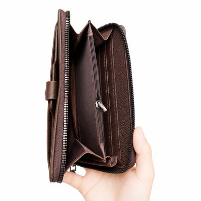 Men's Long Vintage Leather Zipper Wallet Clutch with Button Strap