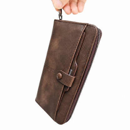Men's Long Vintage Leather Zipper Wallet Clutch with Button Strap