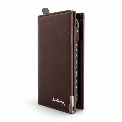 A dark brown leather wallet with a side zipper and a silver metal clasp, featuring the 'laellery' brand name printed in white near the bottom.