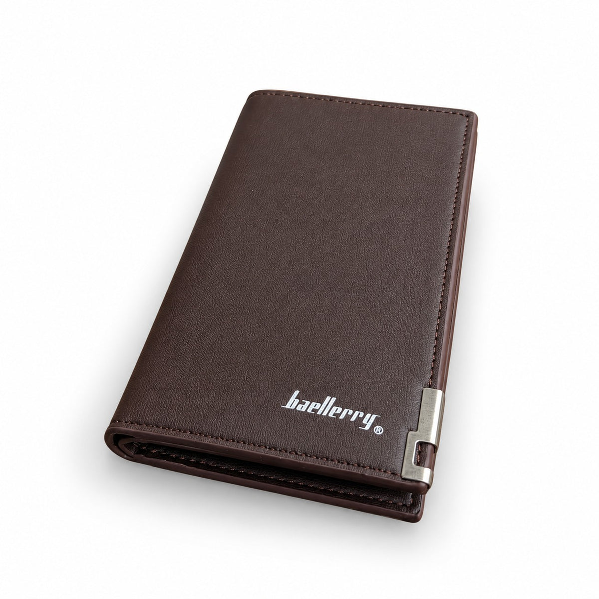A dark brown textured leather bifold wallet with silver metal hardware and the 'baellerry' brand name printed in white on the front, set against a plain white background.