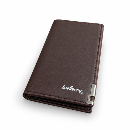 A dark brown textured leather bifold wallet with silver metal hardware and the 'baellerry' brand name printed in white on the front, set against a plain white background.
