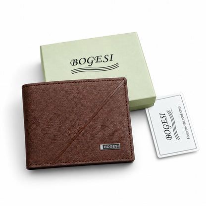 A brown textured leather bi-fold wallet with a diagonal stitched detail and a small BOGESI logo plaque, displayed alongside its light green presentation box and a white brand card on a white background.