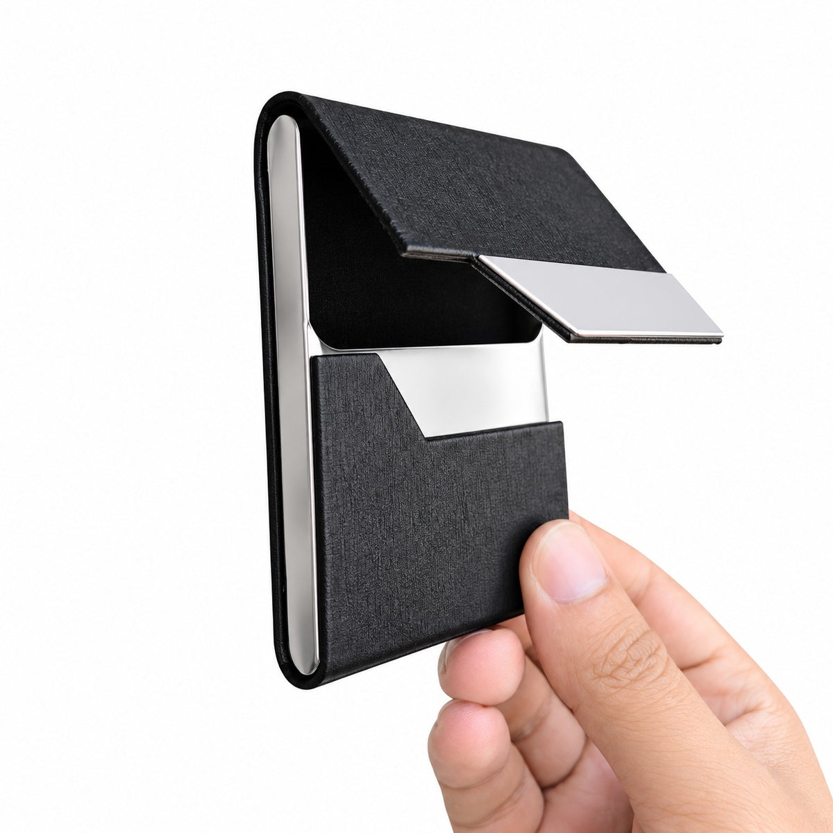 Back view of a sleek black faux-leather business card holder showcasing its premium textured finish.